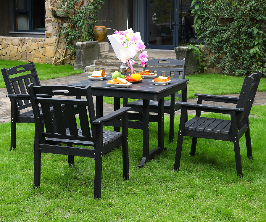 Kursi Makan Outdoor HDPE 4 Kursi + Meja Persegi Set Sandaran Vertikal Hitam