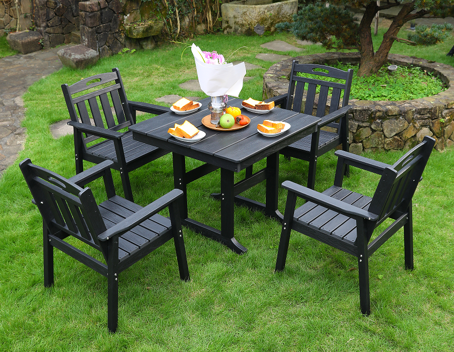Kursi Makan Outdoor HDPE 4 Kursi + Meja Persegi Set Sandaran Vertikal Hitam