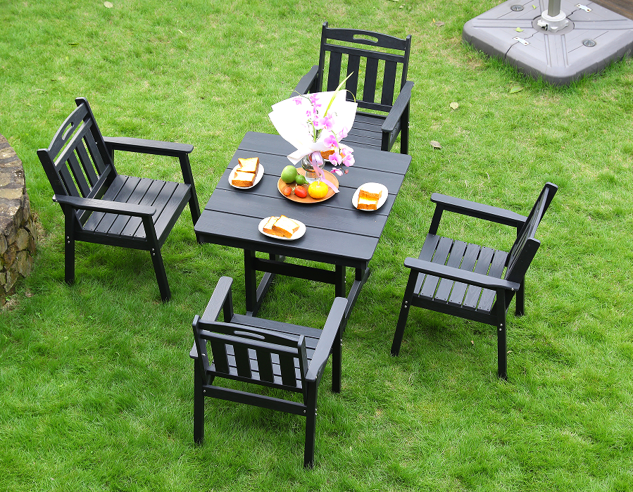 Kursi Makan Outdoor HDPE 4 Kursi + Meja Persegi Set Sandaran Vertikal Hitam