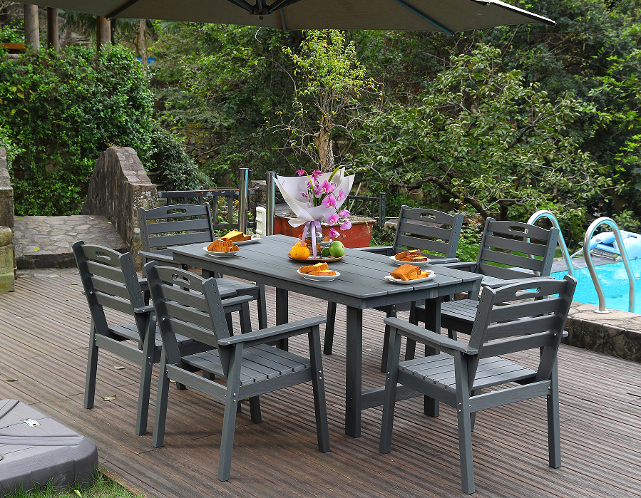 Set Makan Luar Ruangan HDPE 6 Bagian Abu-abu dengan Sandaran Horisontal