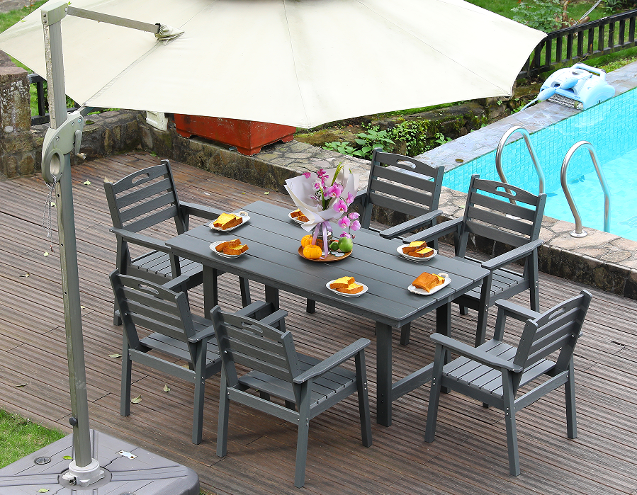 Set Makan Luar Ruangan HDPE 6 Bagian Abu-abu dengan Sandaran Horisontal