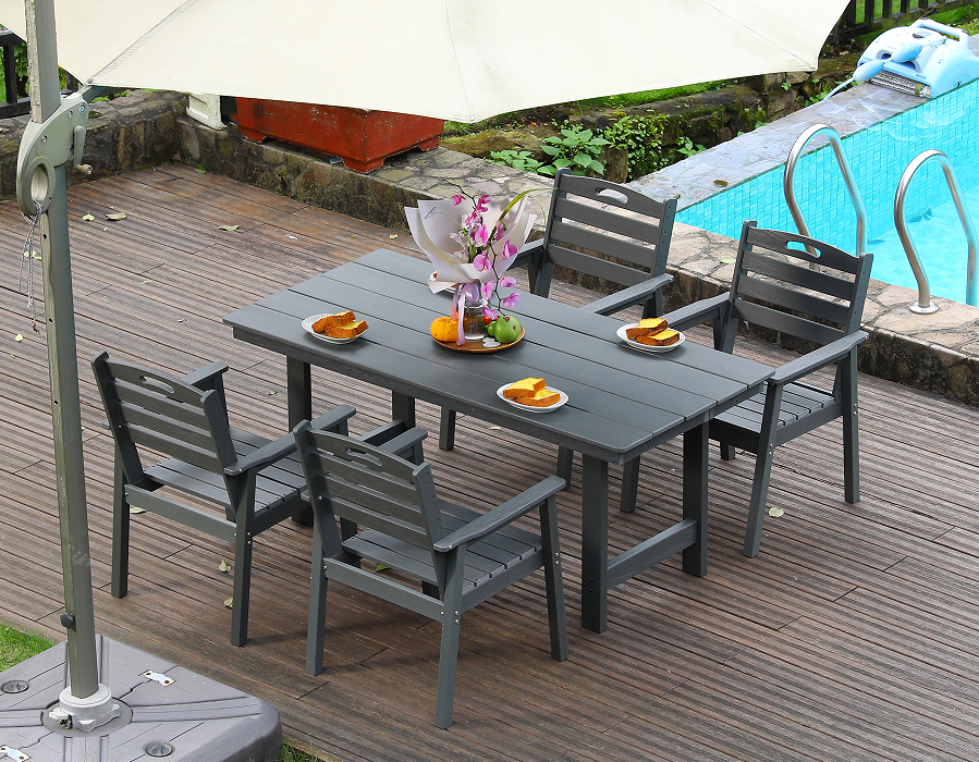 Set Makan Luar Ruangan 4 Bagian HDPE Abu-abu dengan Sandaran Horisontal
