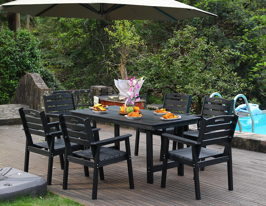 Set Makan Luar Ruangan HDPE 6 Bagian Hitam dengan Sandaran Horisontal