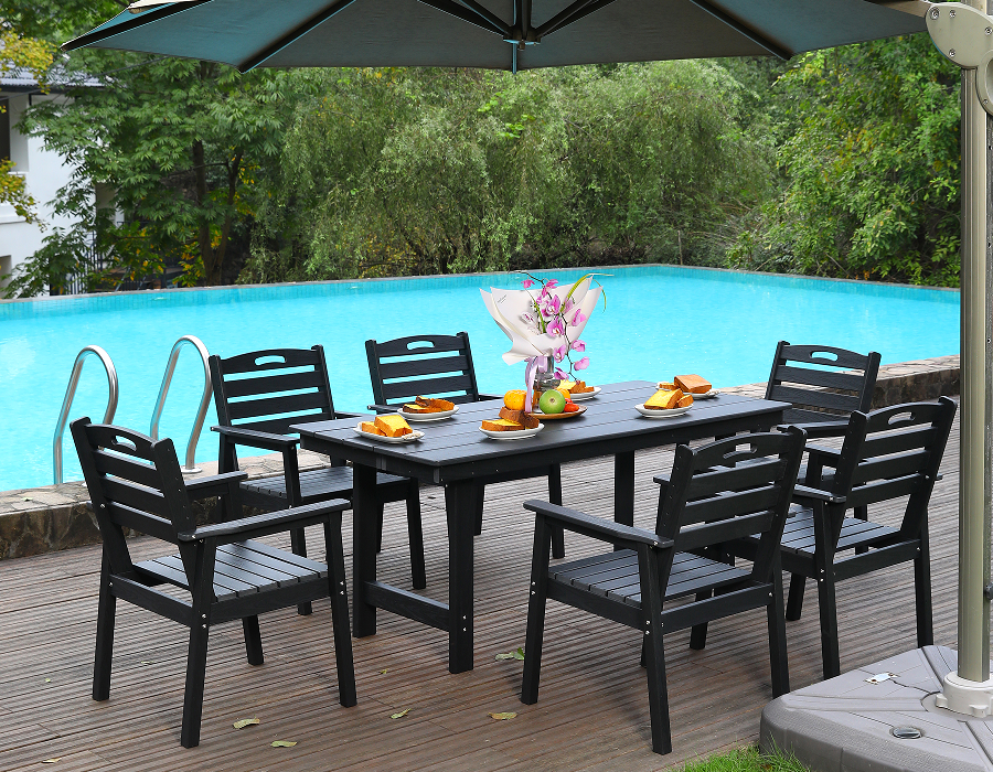 Set Makan Luar Ruangan HDPE 6 Bagian Hitam dengan Sandaran Horisontal