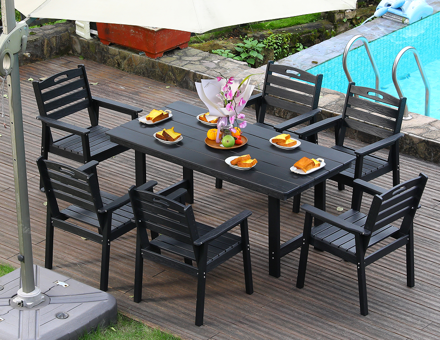 Set Makan Luar Ruangan HDPE 6 Bagian Hitam dengan Sandaran Horisontal