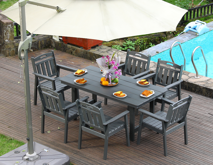 Set Makan Luar Ruangan HDPE 6 Bagian Abu-abu dengan Sandaran Vertikal