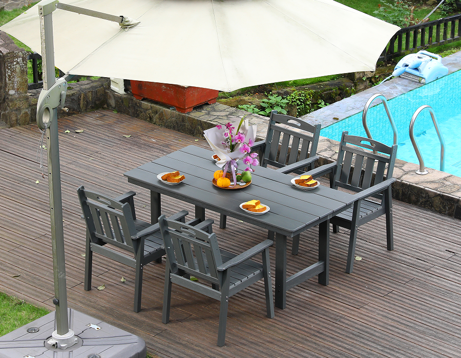 Set Makan Luar Ruangan 4 Bagian HDPE Abu-abu dengan Sandaran Vertikal
