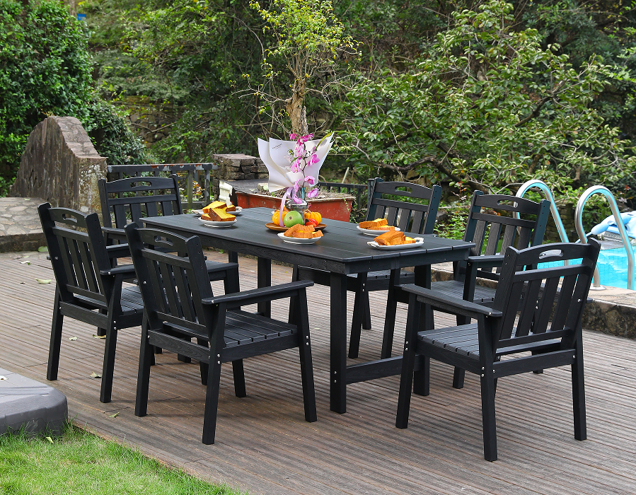 Set Makan Luar Ruangan HDPE 6 Bagian Hitam dengan Sandaran Vertikal
