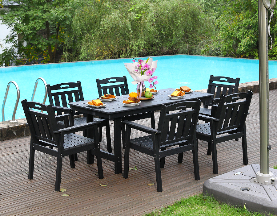 Set Makan Luar Ruangan HDPE 6 Bagian Hitam dengan Sandaran Vertikal