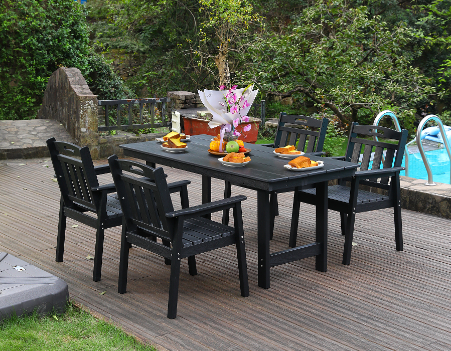Set Makan Luar Ruangan 4 Bagian HDPE Hitam dengan Sandaran Vertikal