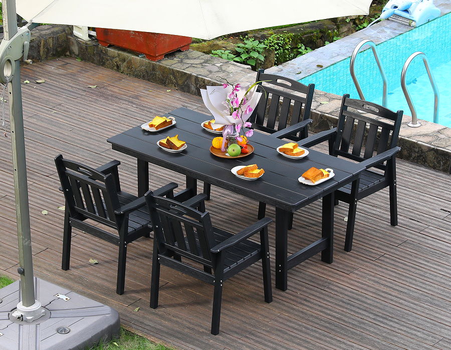 Set Makan Luar Ruangan 4 Bagian HDPE Hitam dengan Sandaran Vertikal