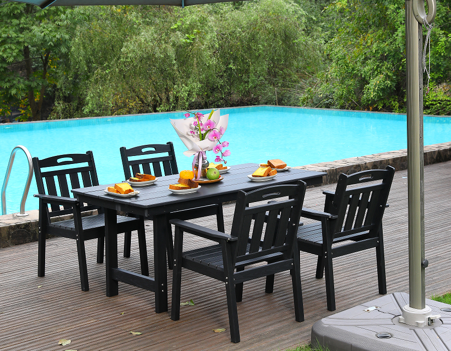 Set Makan Luar Ruangan 4 Bagian HDPE Hitam dengan Sandaran Vertikal